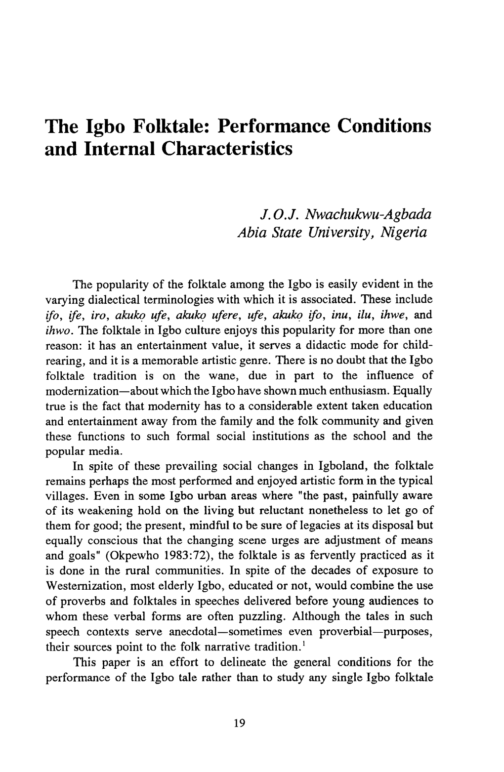 The Igbo Folktale: Performance Conditions and Internal Characteristics