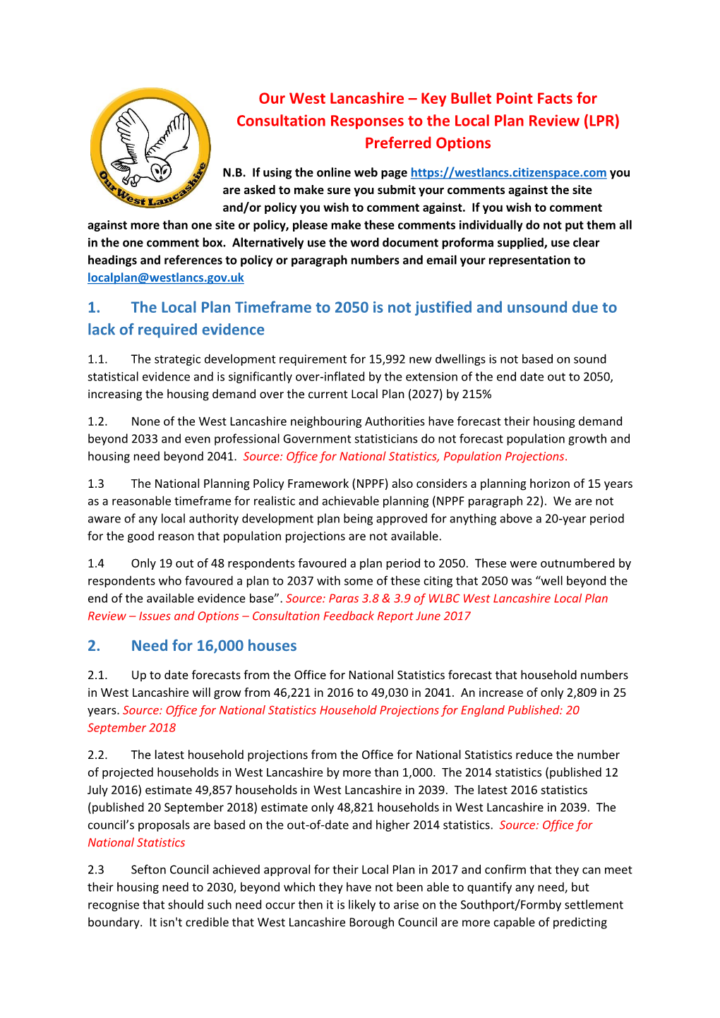 Key Bullet Point Facts for Consultation Responses to the Local Plan Review (LPR) Preferred Options