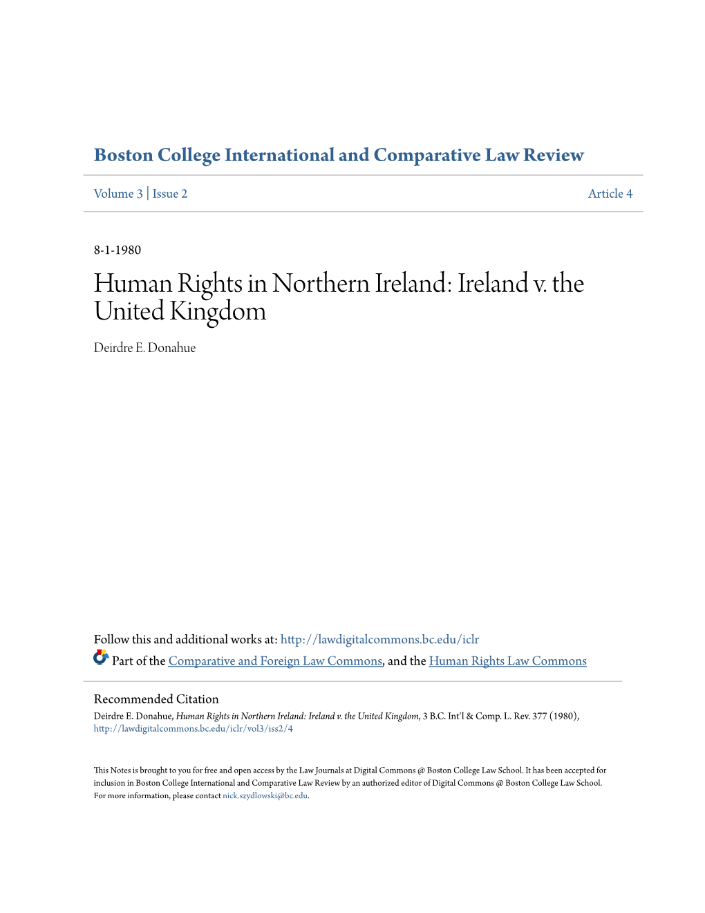 Human Rights in Northern Ireland: Ireland V. the United Kingdom Deirdre E