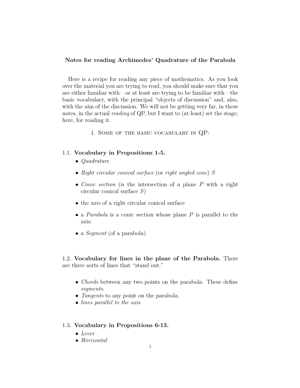 Notes for Reading Archimedes' Quadrature of the Parabola Here Is