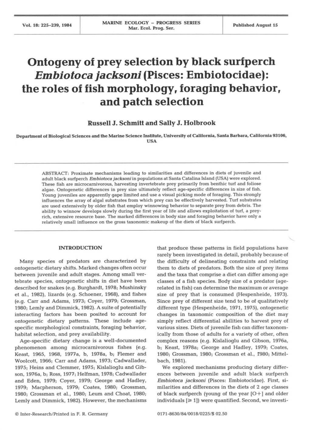 Eny of Prey Selection by Black Surfperch Embiotoca Jacksoni (Pisces: Embiotocidae): the Roles of Fish Morphology, Foraging Behavior, and Patch Selection