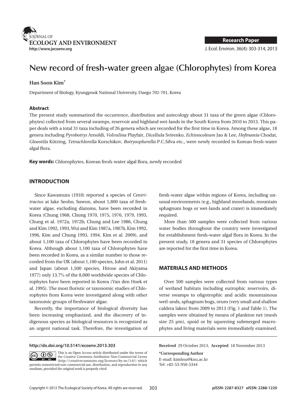 New Record of Fresh-Water Green Algae (Chlorophytes) from Korea