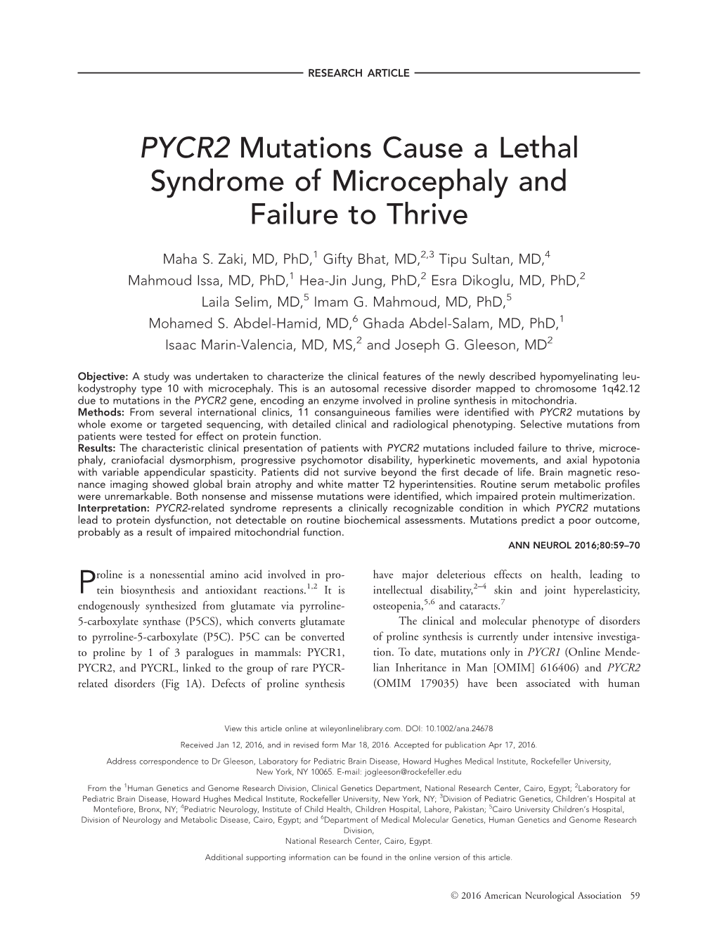 PYCR2 Mutations Cause a Lethal Syndrome of Microcephaly and Failure to Thrive