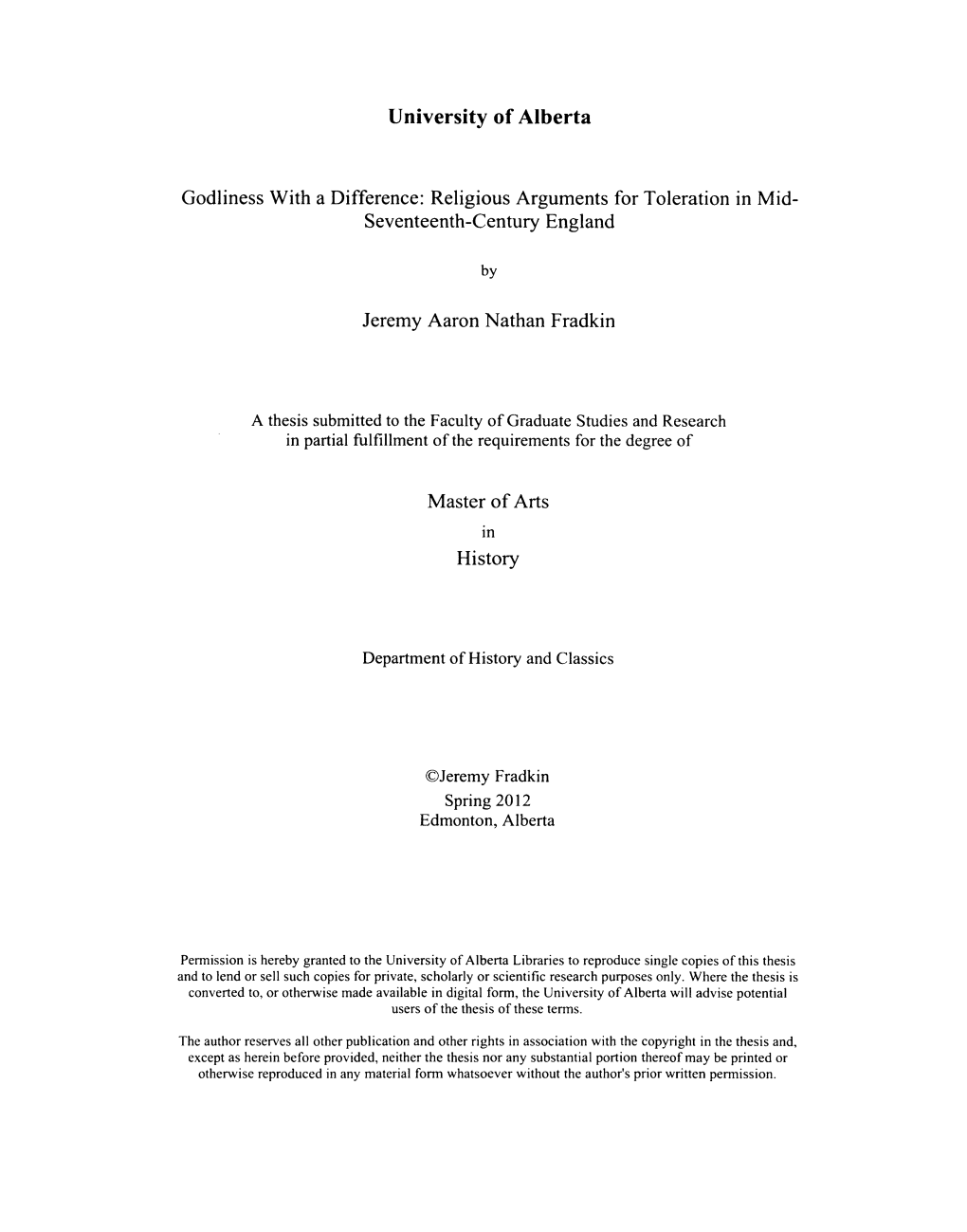 Godliness with a Difference: Religious Arguments for Toleration in Mid- Seventeenth-Century England