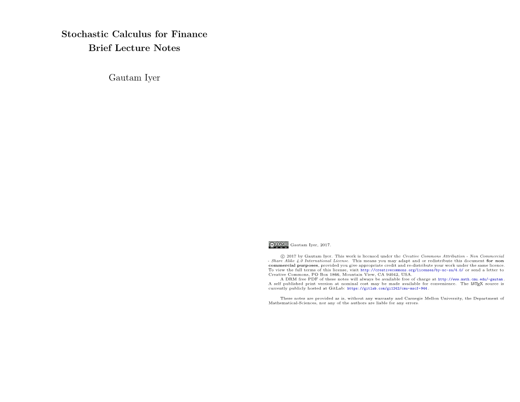 Stochastic Calculus for Finance Brief Lecture Notes Gautam Iyer
