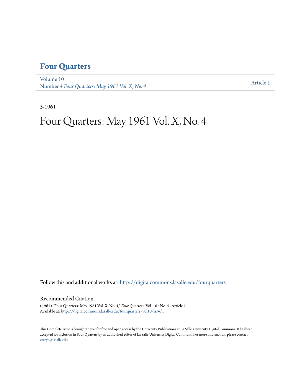 Four Quarters Volume 10 Article 1 Number 4 Four Quarters: May 1961 Vol