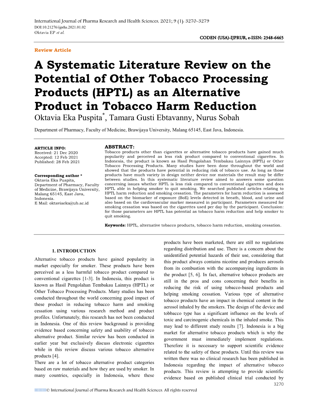 A Systematic Literature Review on the Potential of Other Tobacco