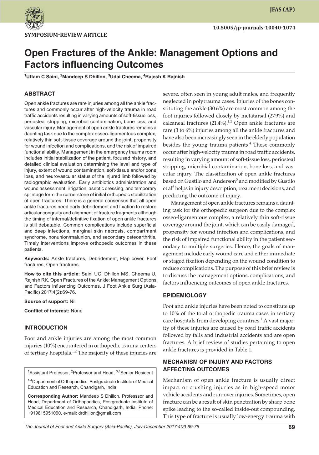 Open Fractures of the Ankle: Management Options10.5005/Jp-Journals-10040-1074 and Factors Influencing Outcomes Symposium-Review Article