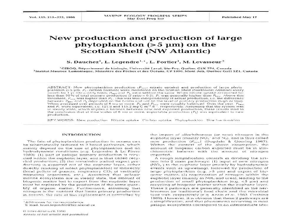 New Production and Production of Large Phytoplankton (>5 Pm) on the Scotian Shelf (NW Atlantic)