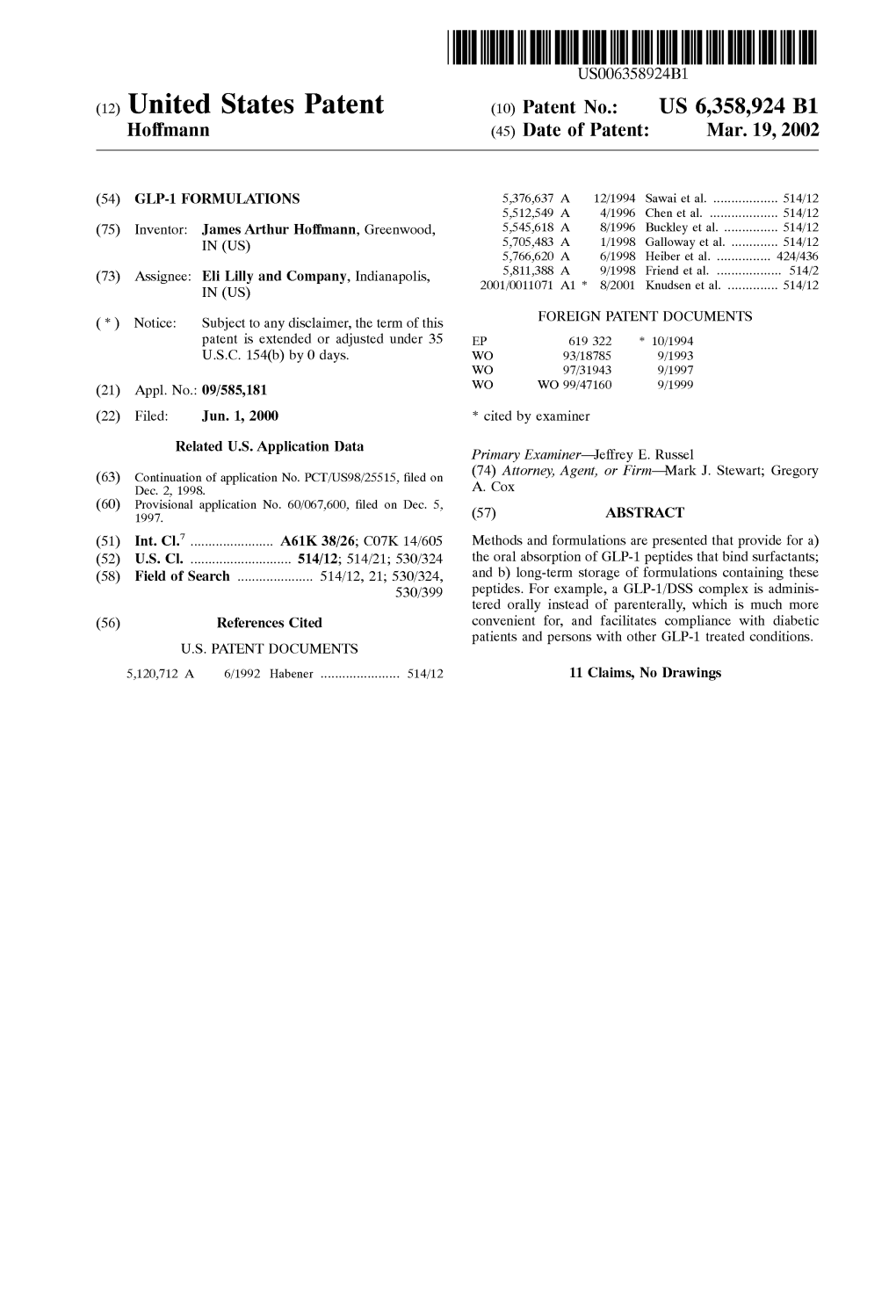 (12) United States Patent (10) Patent No.: US 6,358,924 B1 Hoffmann (45) Date of Patent: Mar