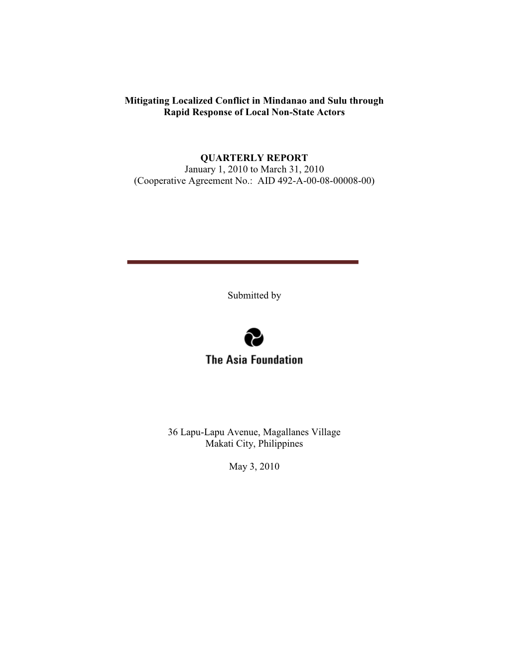 Mitigating Localized Conflict in Mindanao and Sulu Through Rapid Response of Local Non-State Actors