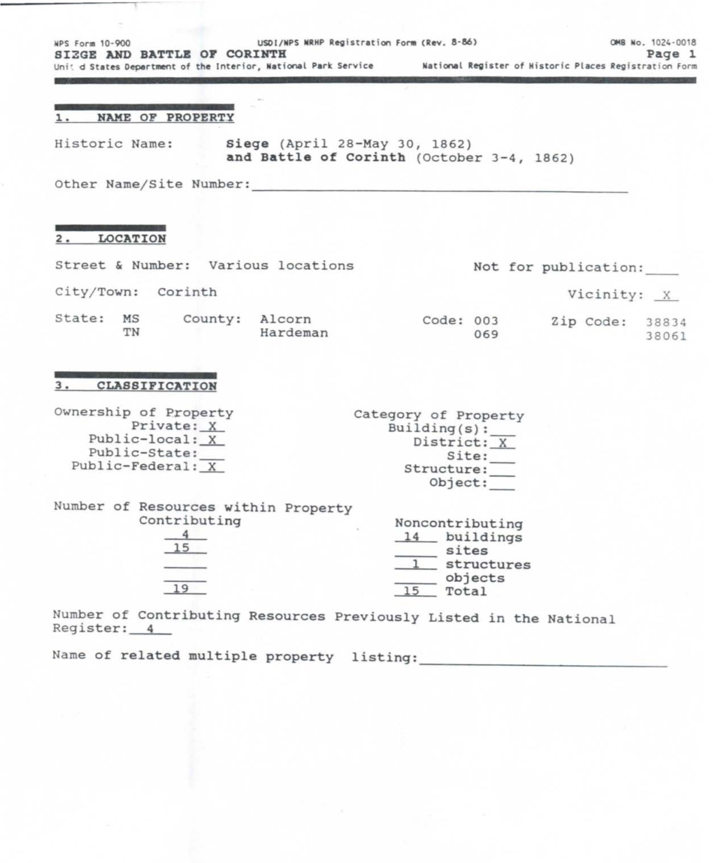 AND BATTLE of CORINTH Page ~ Uni , D States Department of the Interior, National Park Service National Register of Historic Places Registrat Ion Form