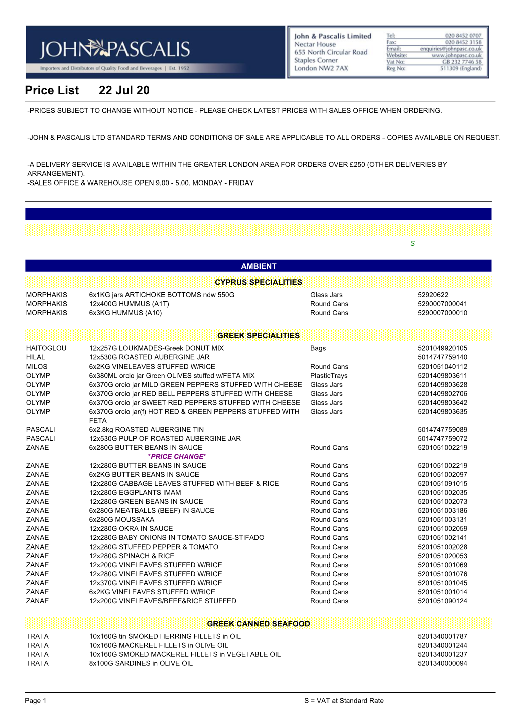 Price List 22 Jul 20