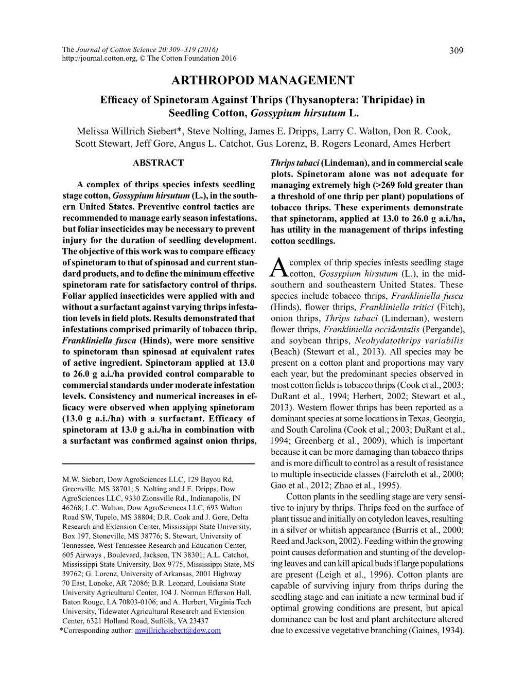 Efficacy of Spinetoram Against Thrips (Thysanoptera: Thripidae) in Seedling Cotton, Gossypium Hirsutum L