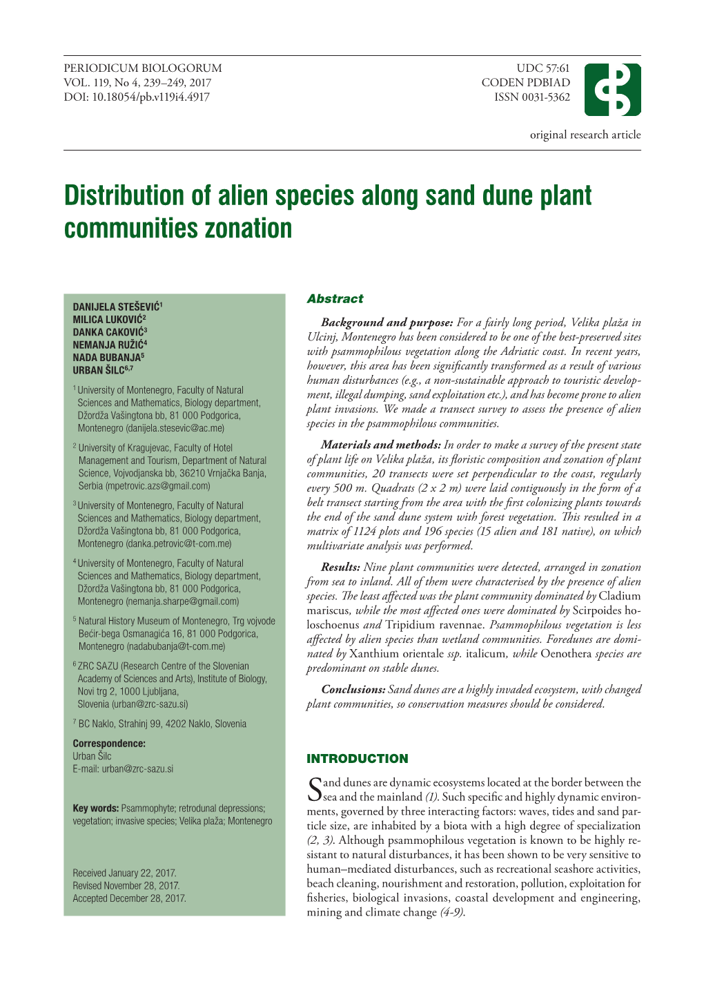 Distribution of Alien Species Along Sand Dune Plant Communities Zonation