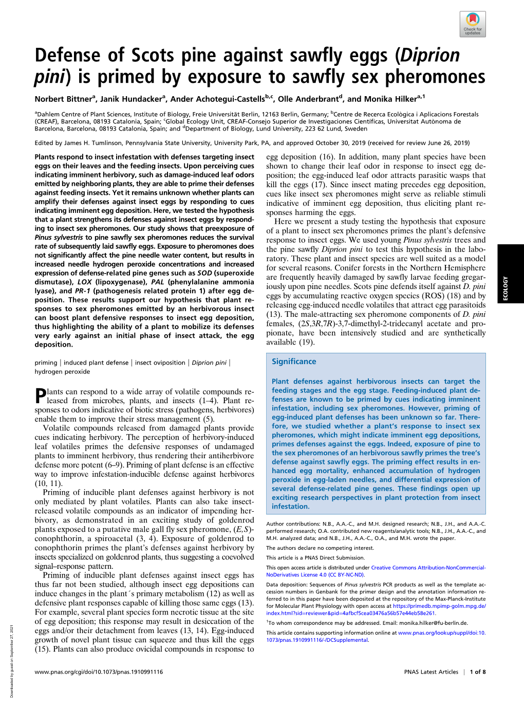 Defense of Scots Pine Against Sawfly Eggs (Diprion Pini) Is Primed by Exposure to Sawfly Sex Pheromones