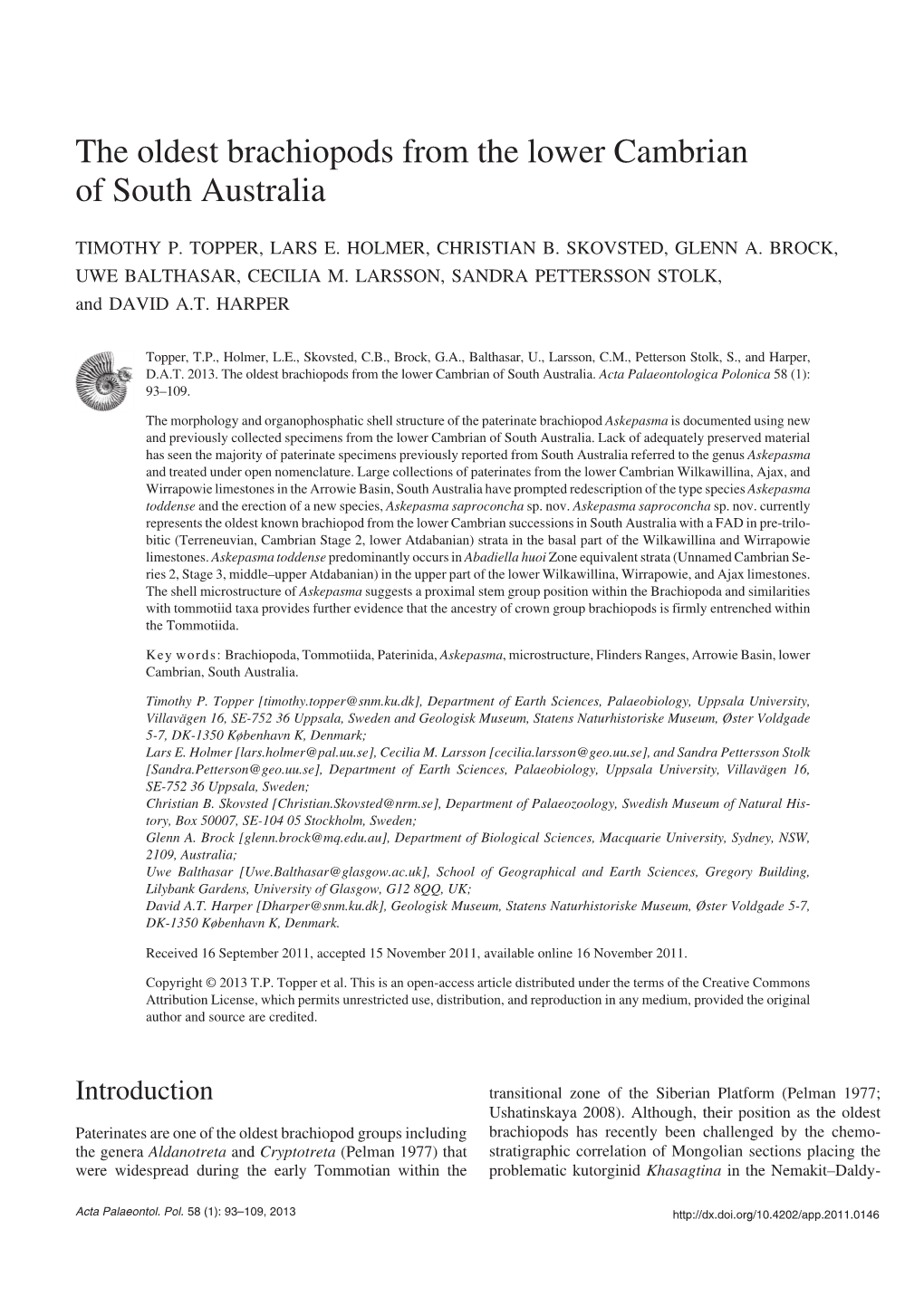 The Oldest Brachiopods from the Lower Cambrian of South Australia