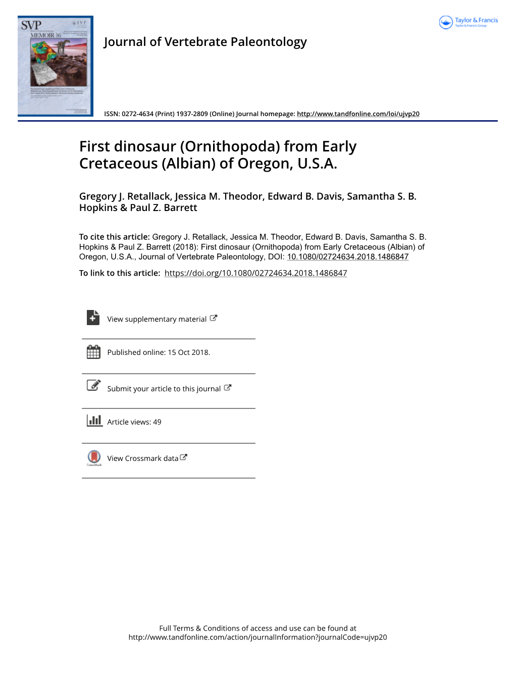 First Dinosaur (Ornithopoda) from Early Cretaceous (Albian) of Oregon, U.S.A