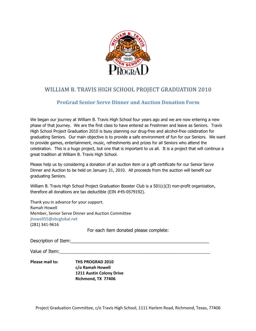 Prograd Senior Serve Dinner and Auction Donation Form