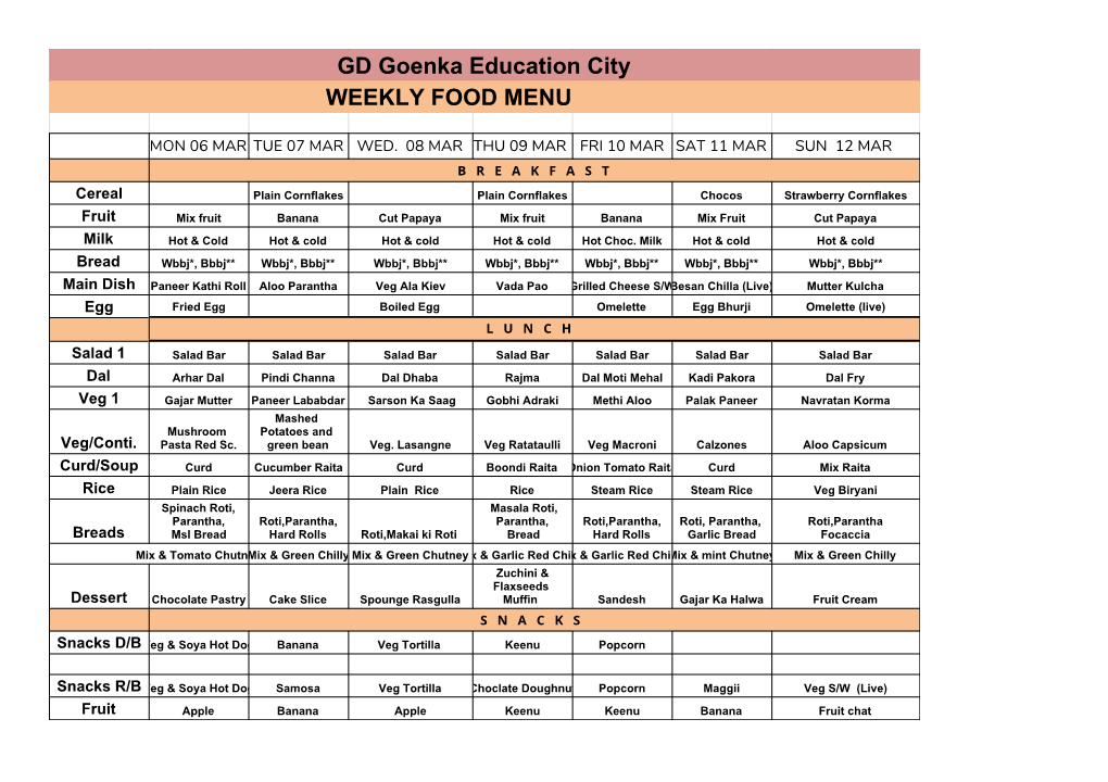 GD Goenka Education City WEEKLY FOOD MENU