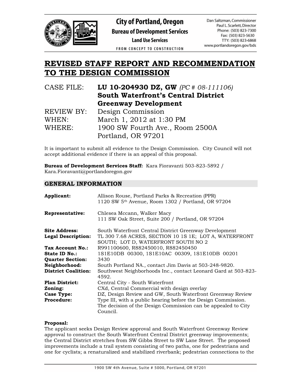 Staff Report and Recommendation to the Design Commission