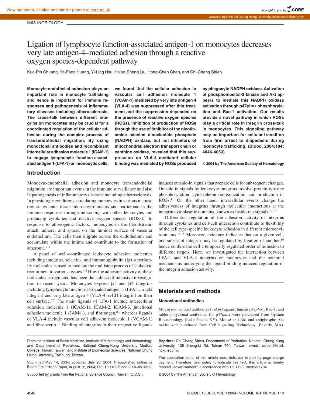 Ligation of Lymphocyte Function-Associated Antigen-1 on Monocytes Decreases Very Late Antigen-4–Mediated Adhesion Through a Reactive Oxygen Species-Dependent Pathway