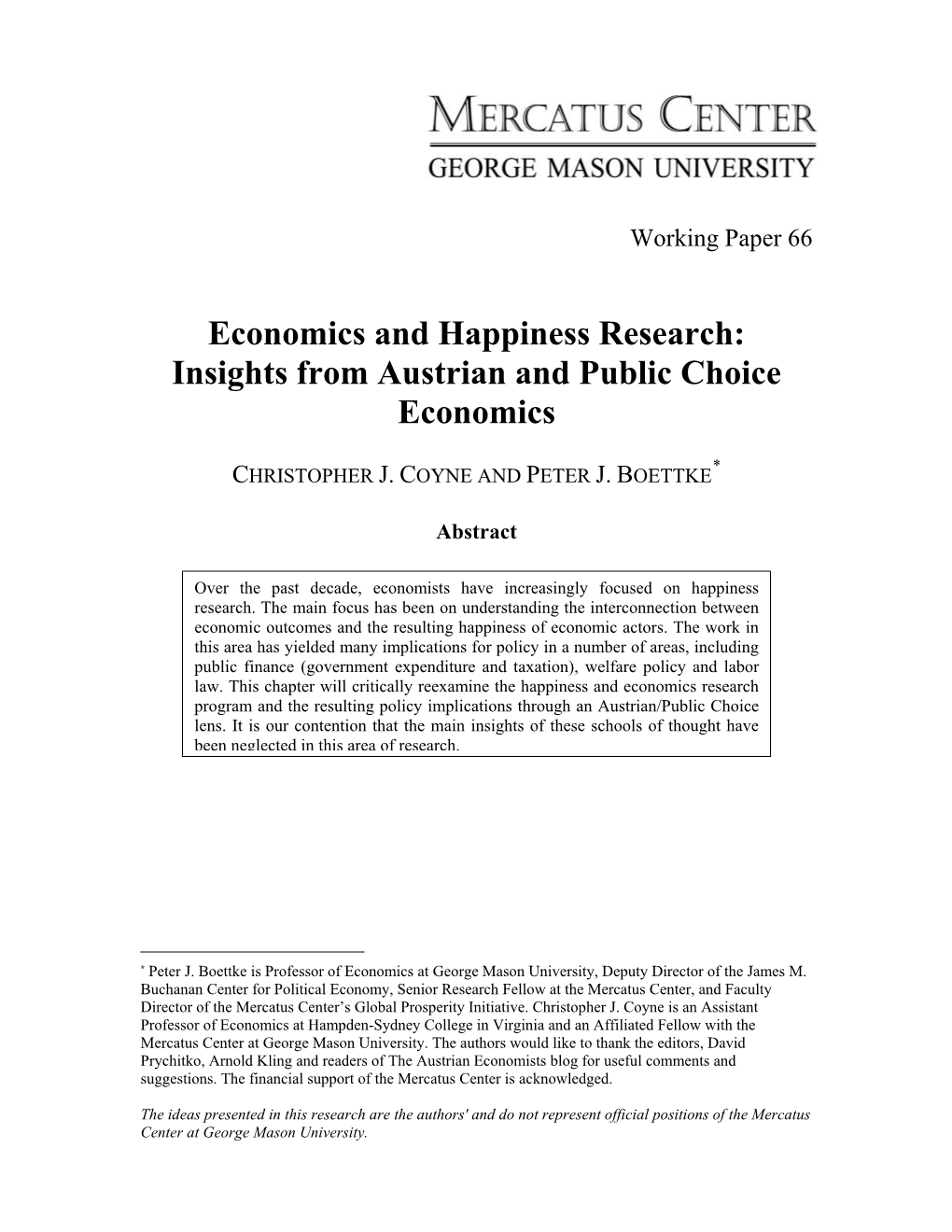 Economics and Happiness Research: Insights from Austrian and Public Choice Economics