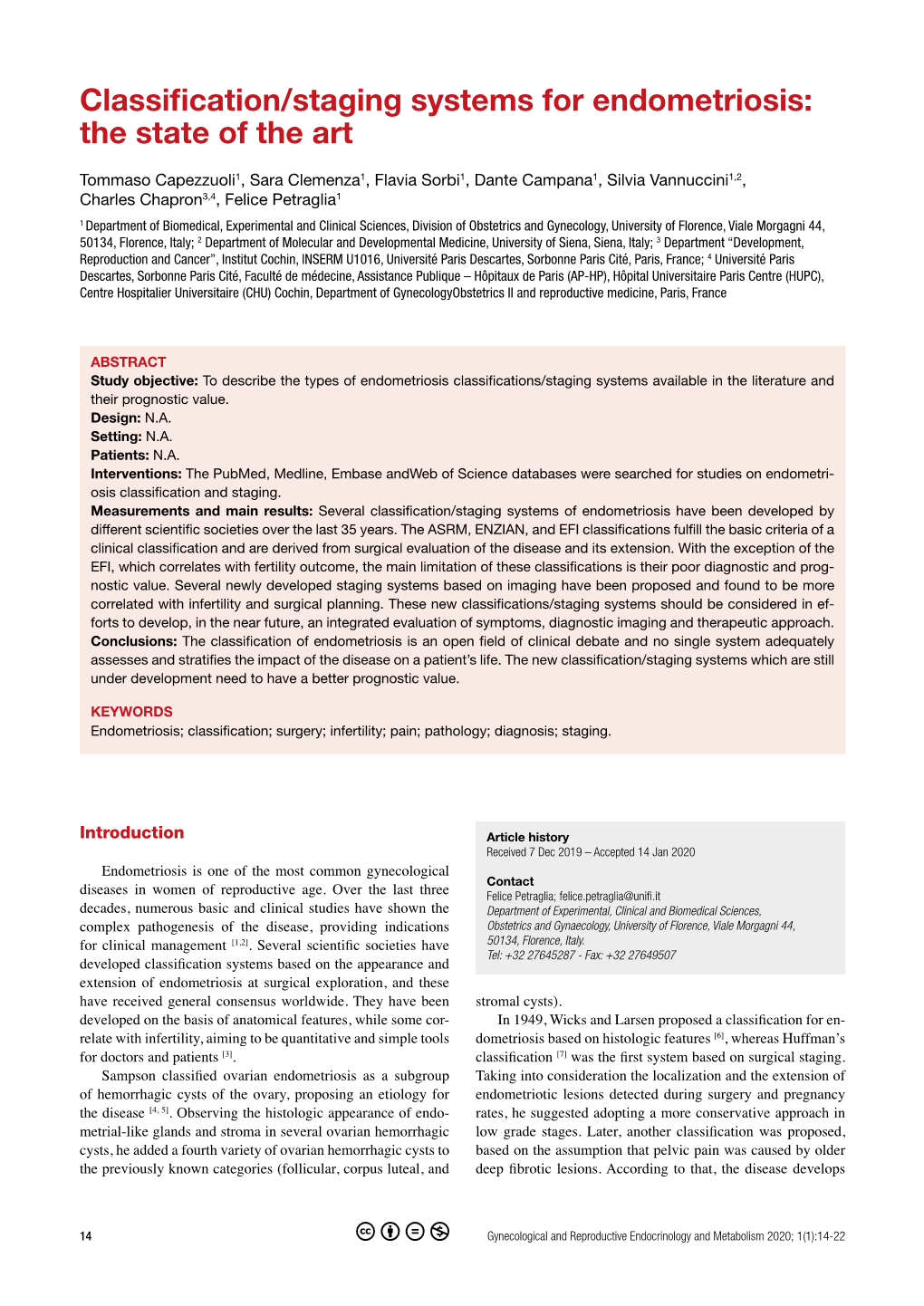 Classification/Staging Systems for Endometriosis: the State of the Art