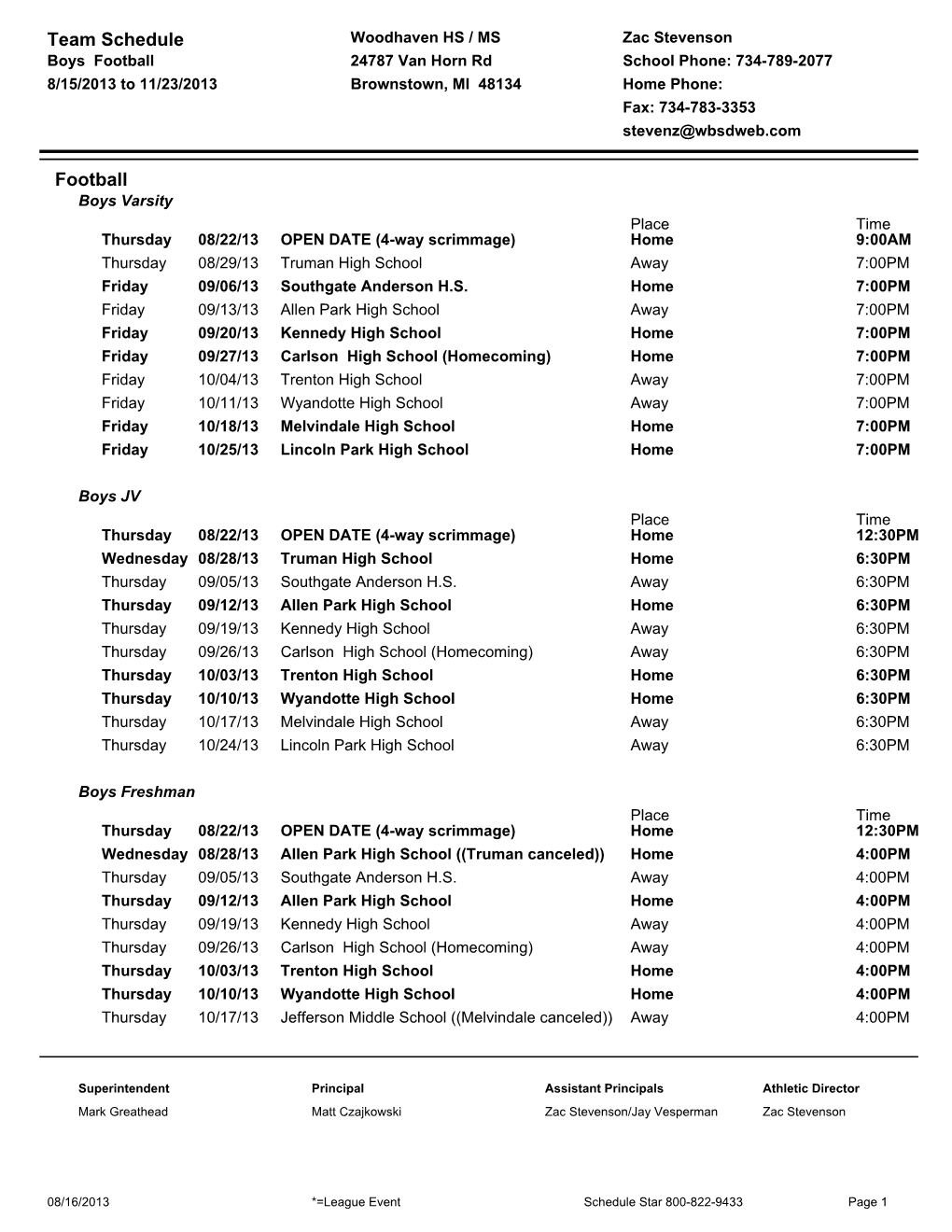 Team Schedule Football