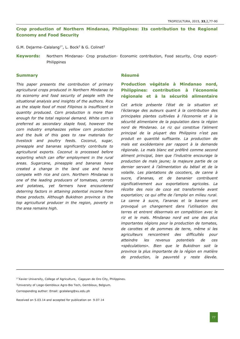 Crop Production of Northern Mindanao, Philippines: Its Contribution to the Regional Economy and Food Security