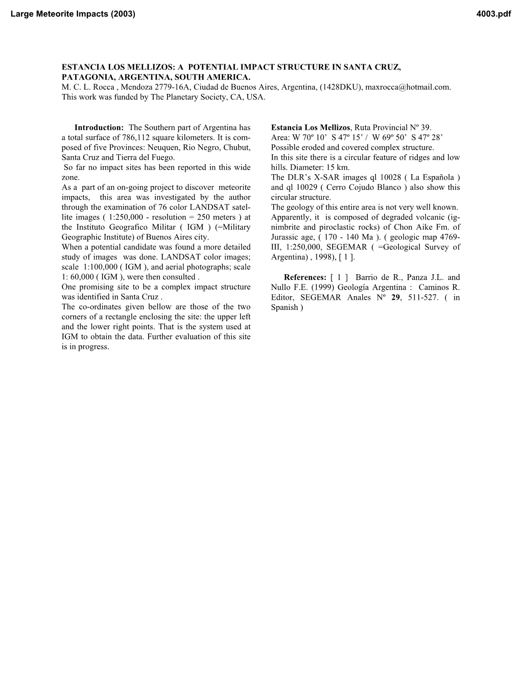 Estancia Los Mellizos: a Potential Impact Structure in Santa Cruz, Patagonia, Argentina, South America