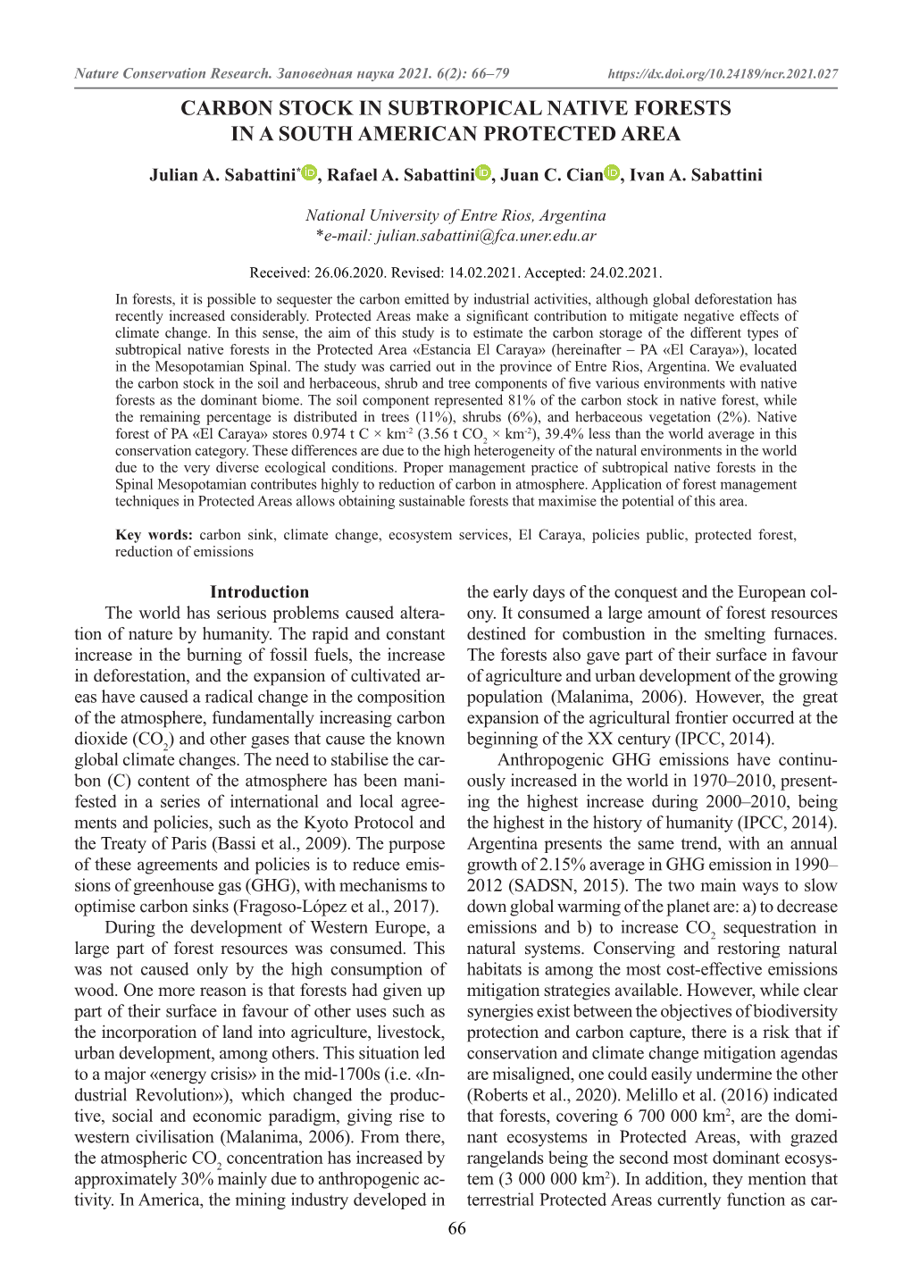 Carbon Stock in Subtropical Native Forests in a South American Protected Area