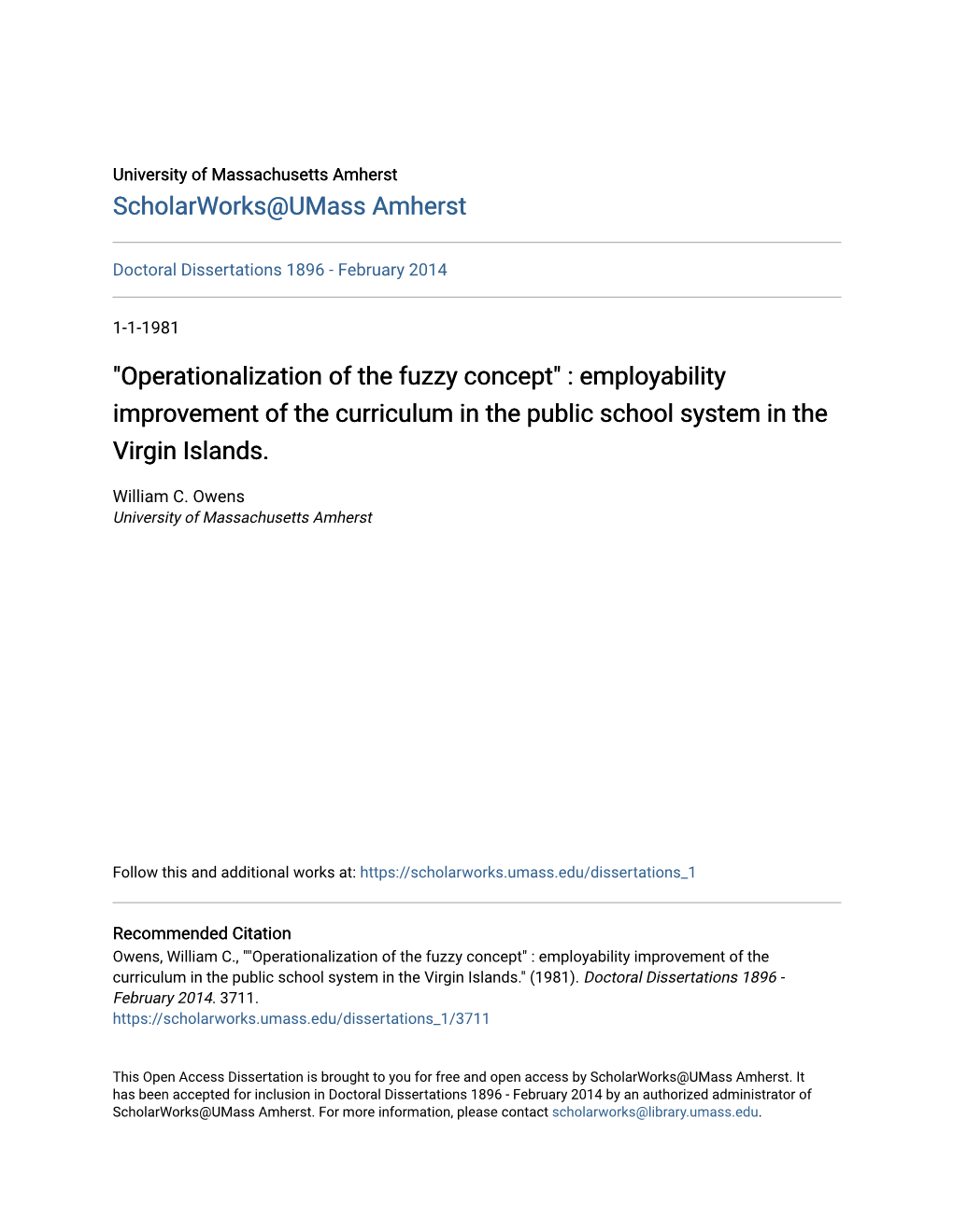 Operationalization of the Fuzzy Concept" : Employability Improvement of the Curriculum in the Public School System in the Virgin Islands