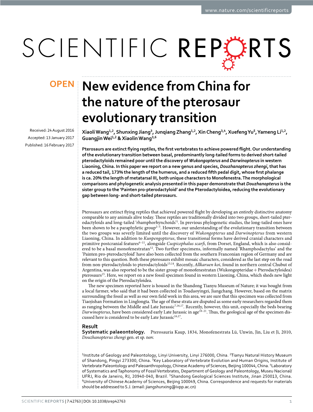 New Evidence from China for the Nature of the Pterosaur Evolutionary