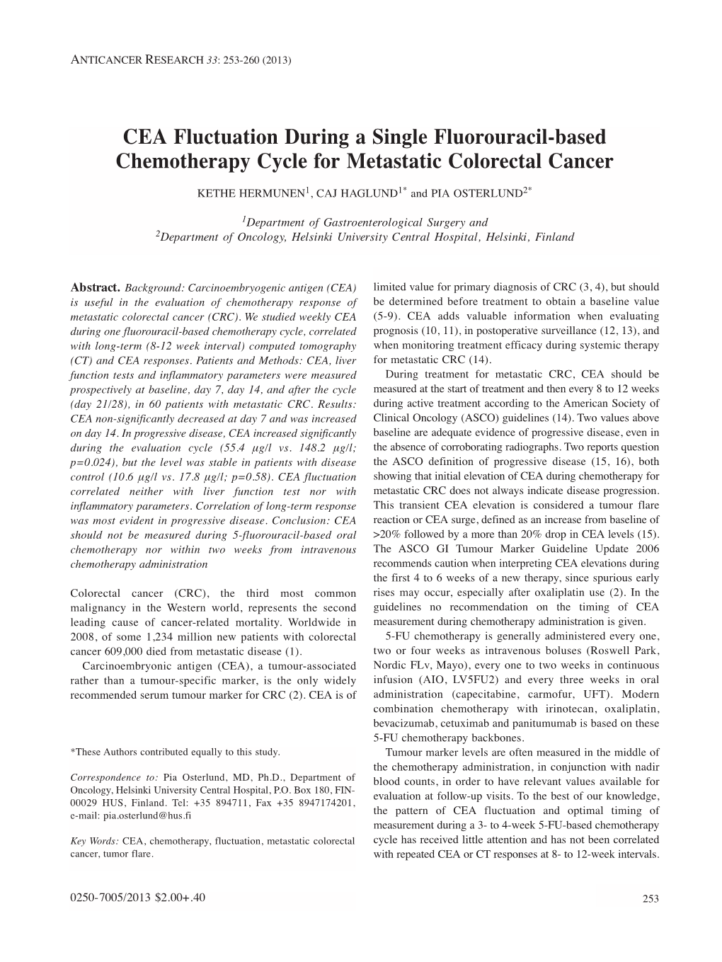 CEA Fluctuation During a Single Fluorouracil-Based Chemotherapy Cycle for Metastatic Colorectal Cancer