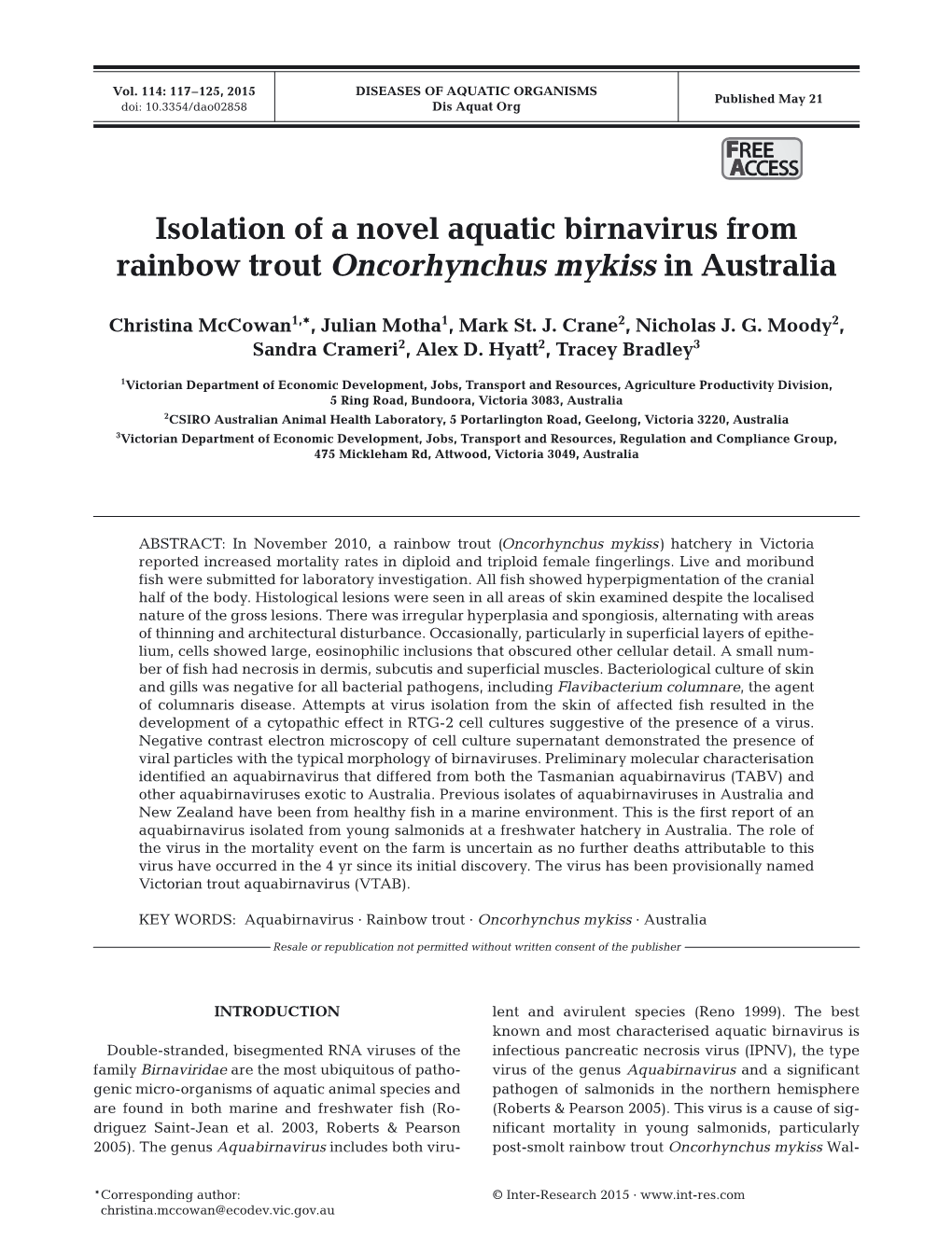 Isolation of a Novel Aquatic Birnavirus from Rainbow Trout Oncorhynchus Mykiss in Australia