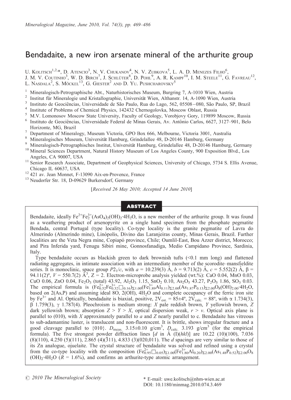 Bendadaite, a New Iron Arsenate Mineral of the Arthurite Group