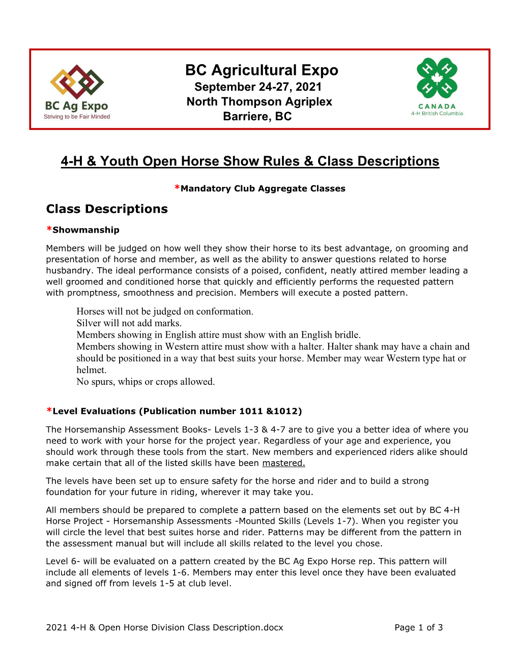 H4 4-H & Open Horse Division Class Description