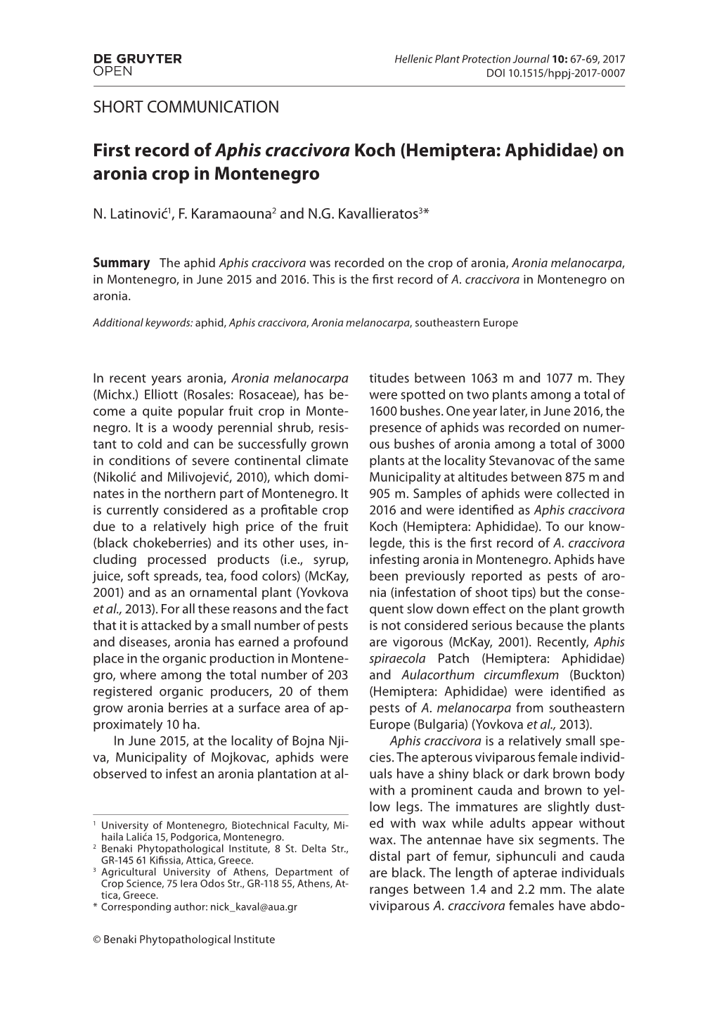 First Record of Aphis Craccivora Koch (Hemiptera: Aphididae) on Aronia Crop in Montenegro