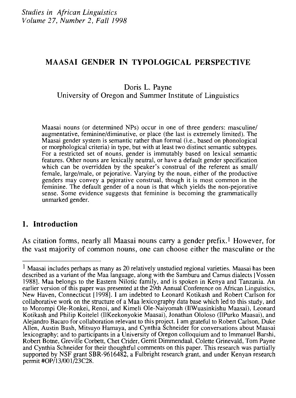 Maasai Gender in Typological Perspective