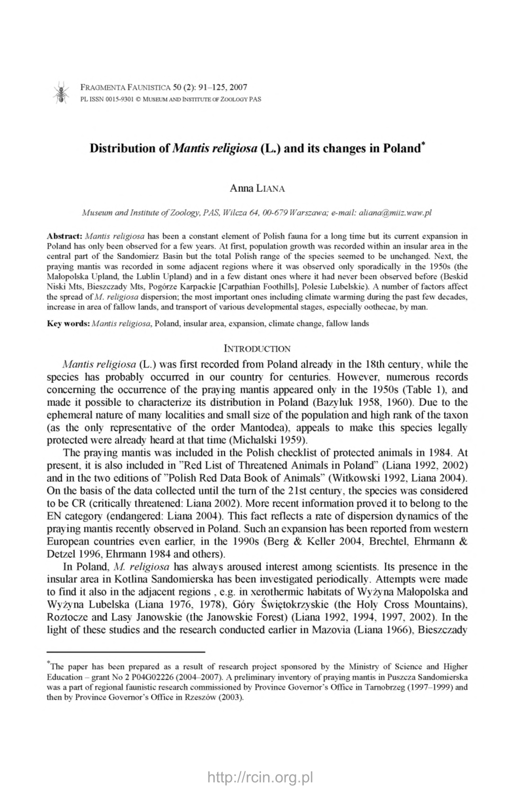 Distribution of Mantis Religiosa (L.) and Its Changes in Poland*