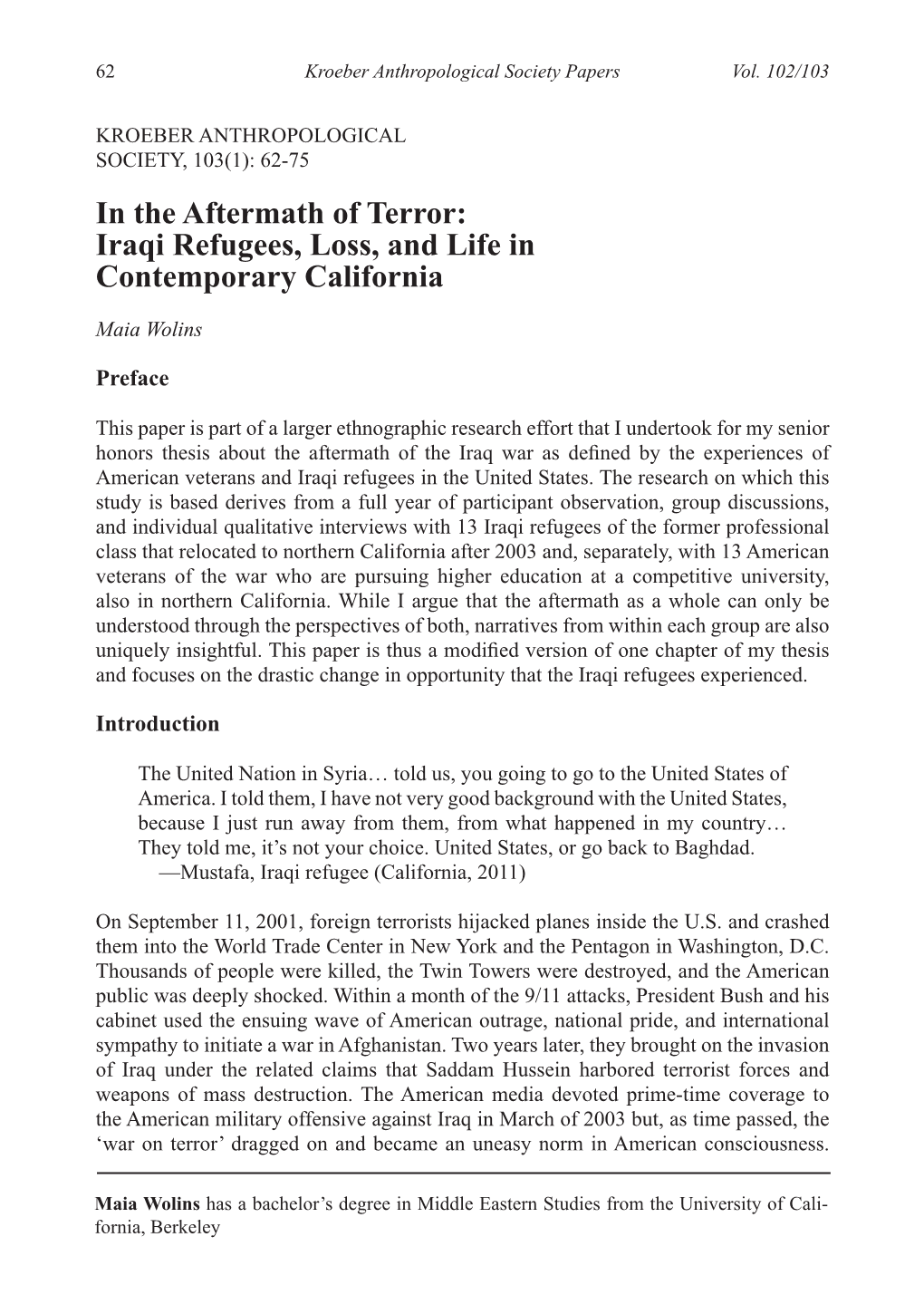 Iraqi Refugees, Loss, and Life in Contemporary California
