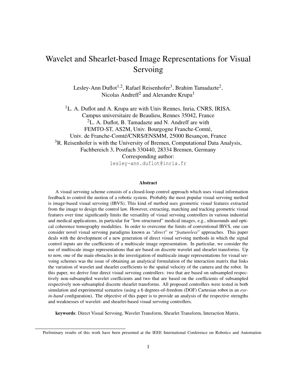 Wavelet and Shearlet-Based Image Representations for Visual Servoing