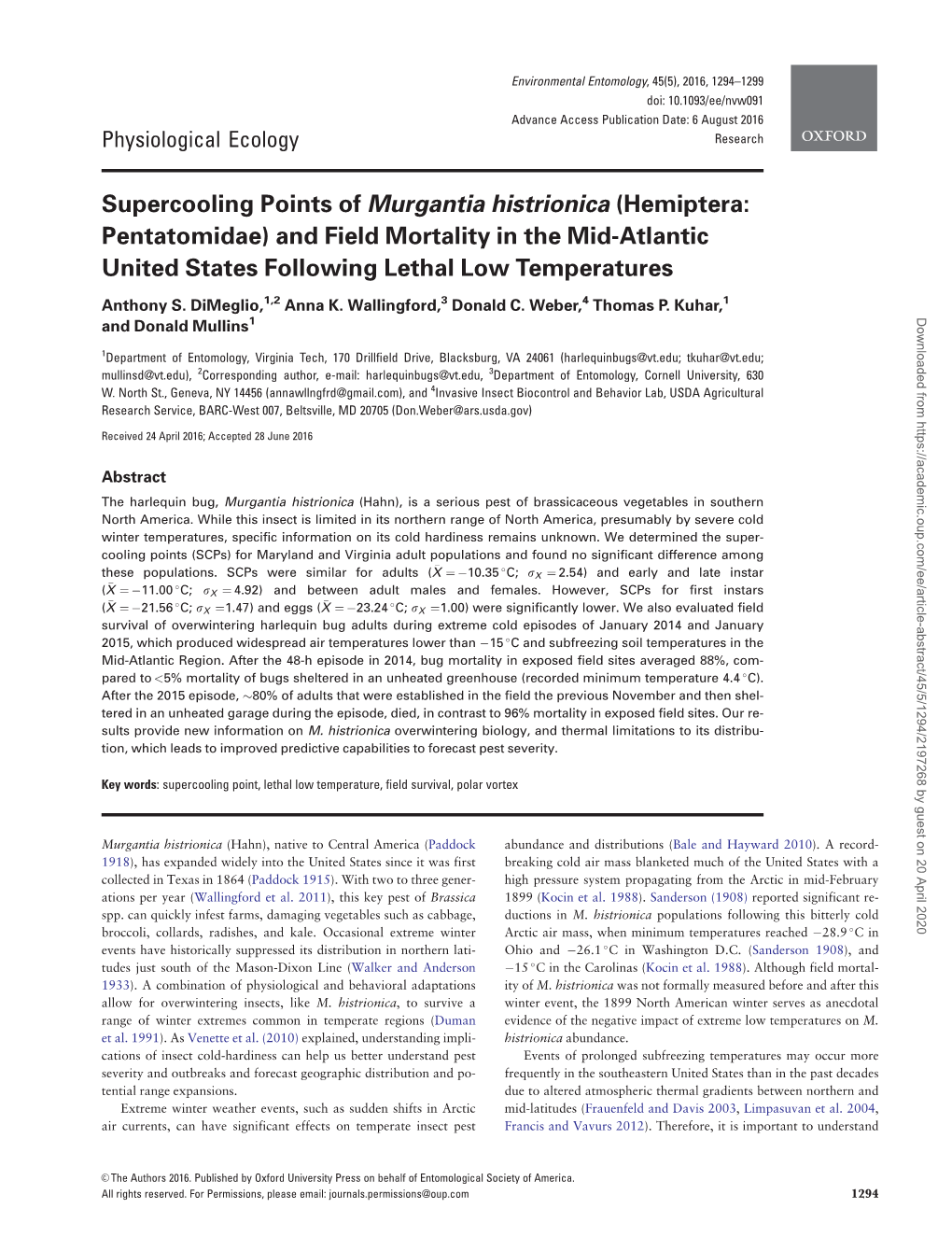 Hemiptera: Pentatomidae) and Field Mortality in the Mid-Atlantic United States Following Lethal Low Temperatures