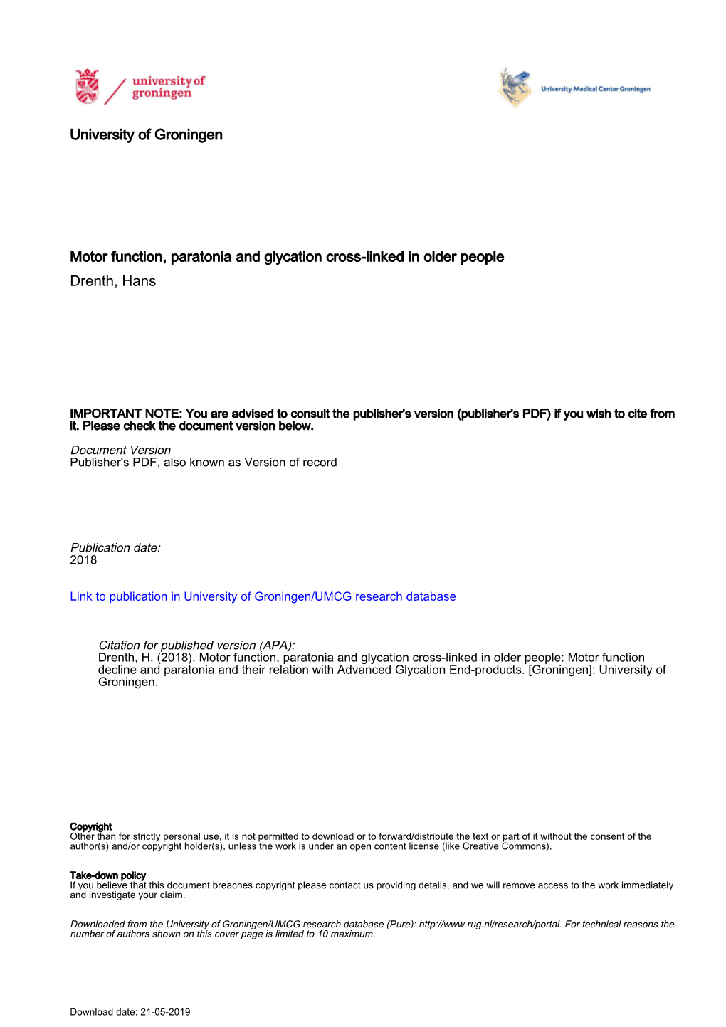 University of Groningen Motor Function, Paratonia and Glycation Cross