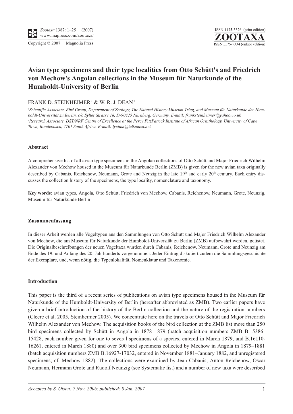 Avian Type Specimens and Their Type Localities from Otto Schutt's And