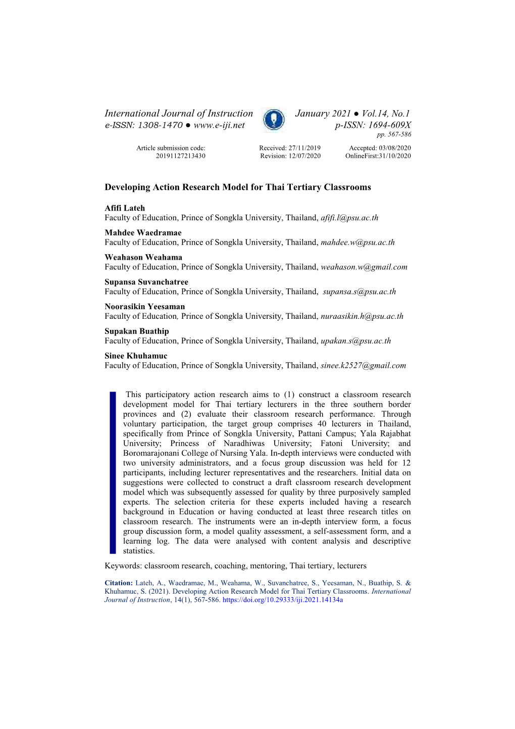 Developing Action Research Model for Thai Tertiary Classrooms. International Journal of Instruction, 14(1), 567-586