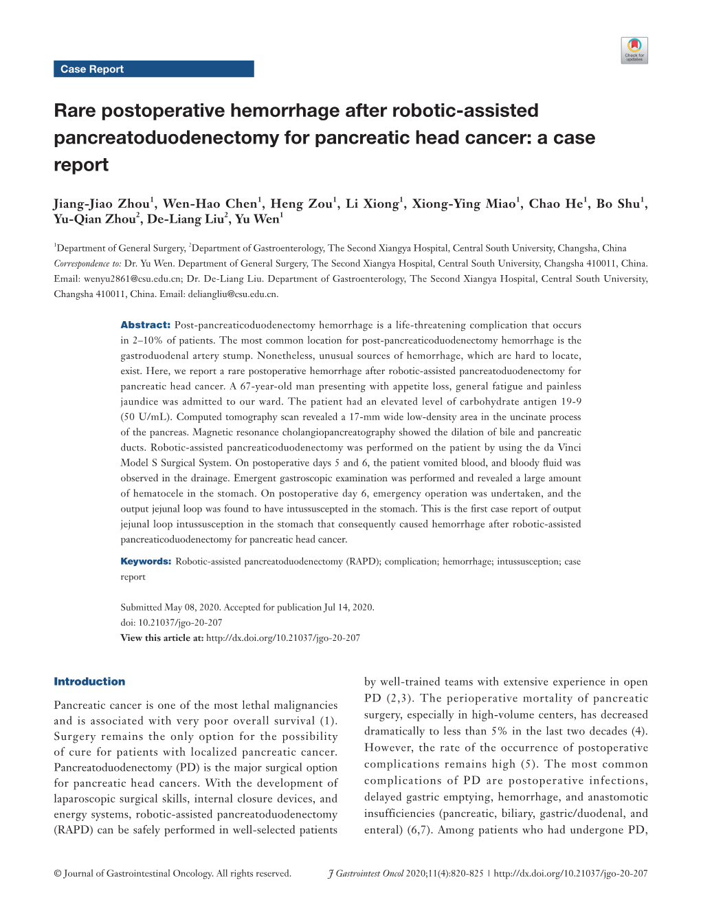 Rare Postoperative Hemorrhage After Robotic-Assisted Pancreatoduodenectomy for Pancreatic Head Cancer: a Case Report