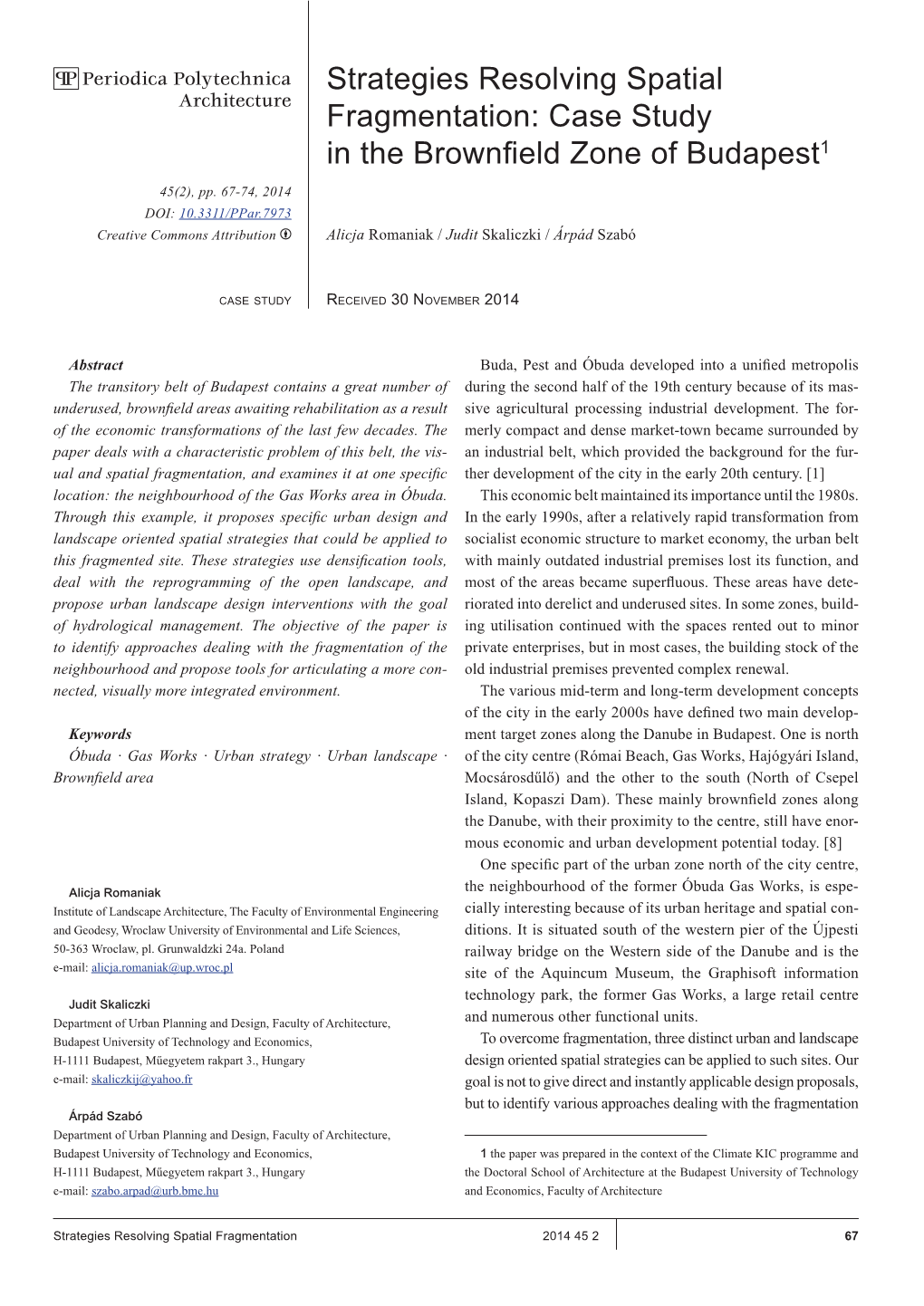 Strategies Resolving Spatial Fragmentation: Case Study in the Brownfield Zone of Budapest