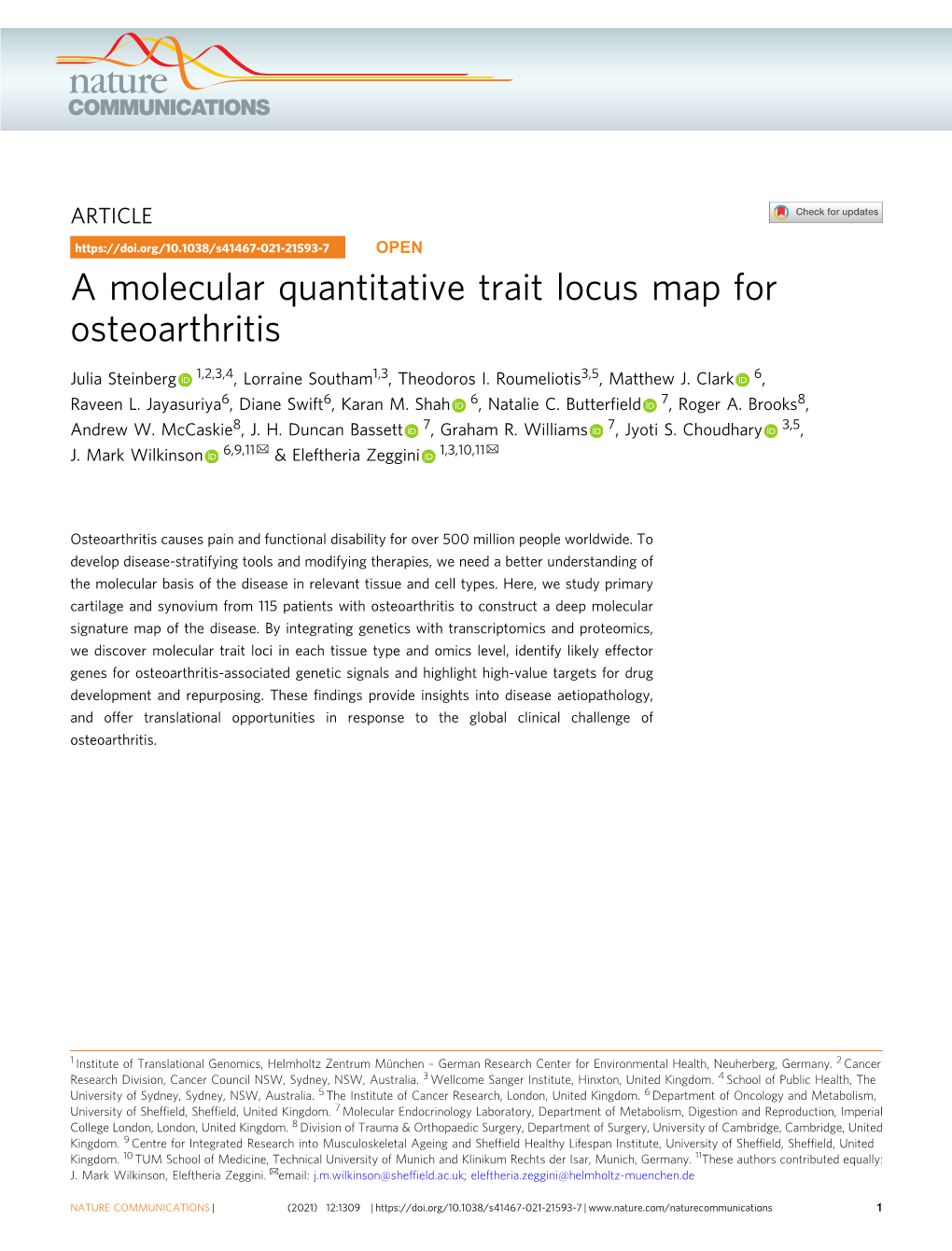 A Molecular Quantitative Trait Locus Map for Osteoarthritis